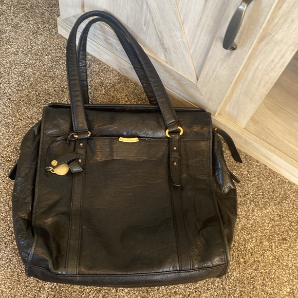 T Tahari Genuine Leather Handbag Purse Satchel Large Tote Black Gold Accents - Picture 6 of 16